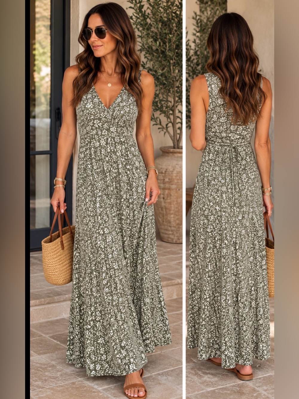 NWT Old Navy XS Green Floral Sleeveless Maxi Dress V-Neck Tie Waist